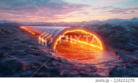 Glowing lava stream flowing through snowy mountain terrain at sunset, creating dramatic natural light display in winter landscape 128223279