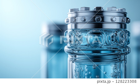 Industrial water filtration system with metallic cap and glass container reflecting blue light, showcasing modern purification technology and sustainable engineering Industrial water filtration system with metallic cap and glass container reflecting blue light, showcasing modern purification technology and sustainable engineering 128223308