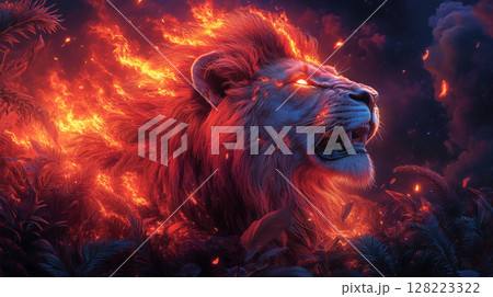 Majestic lion emerging from flames against dark background, showcasing power and strength through digital art with mystical fire effects Majestic lion emerging from flames against dark background, showcasing power and strength through digital art with mystical fire effects 128223322