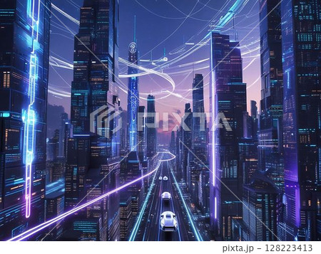 未来都市に広がるデジタルネットワークと高層ビル群のイラスト 128223413