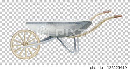 Gray metal farm wheelbarrow watercolor illustration isolated on white. Empty garden cart with wooden wheel simple hand drawn clip art for village and gardening designs 128223419