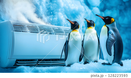 冷房の効いた氷の部屋でエアコンの風を浴びるペンギンたちの涼感シーン 128223593