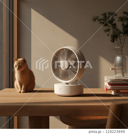 夏の午後、扇風機のそばでくつろぐ猫。 128223649
