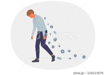 Tired office man feels burnout and pain in back, goes dropping bolts and cogs from spine 128223676