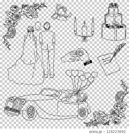 穿著婚紗和鞋子、包包等配件的女人的可愛圖標 128223692