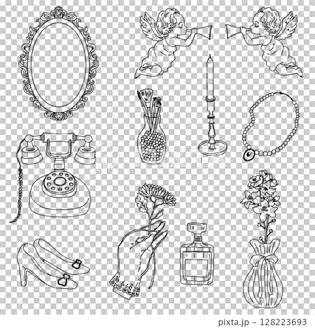 Illustration of stylish perfume bottles and accessories, icon set, antique, retro, label design 128223693
