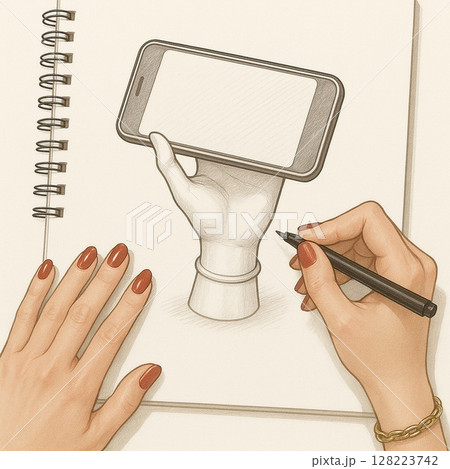 スマホスタンドデッサン、女性の手元 part2-1 Generative AI スマホスタンドデッサン、女性の手元 part2-1 Generative AI 128223742