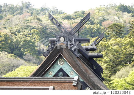出雲大社 南側から見た本殿の屋根の装飾と八雲山の新緑 128223848