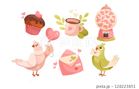 Charming Valentines Day illustrations with delicious treats and adorable animals 128223851