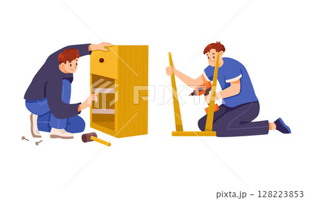 Men Engaging in the Assembly and Repair of Various Wooden Furniture Pieces and Structures Men Engaging in the Assembly and Repair of Various Wooden Furniture Pieces and Structures 128223853
