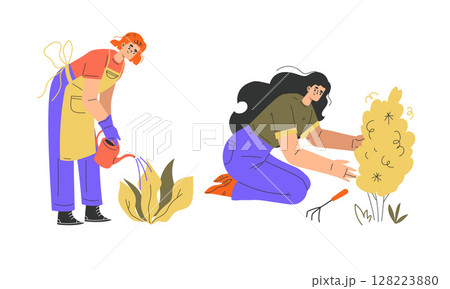 Gardeners are cultivating a variety of plants and flowers in a vibrant landscape 128223880