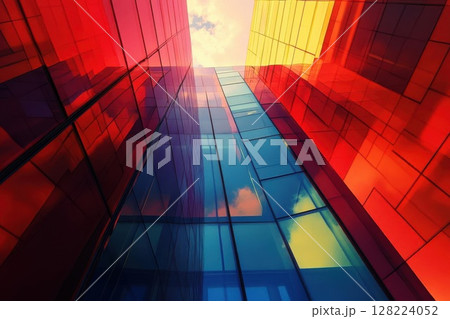 Colorful building reflects sky, creating modern design with abstract patterns. Colorful building reflects sky, creating modern design with abstract patterns. 128224052