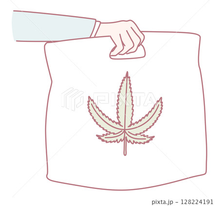 Illustration of a Hand Holding a Cannabis Leaf Bag Featuring Unique Design Elements 128224191