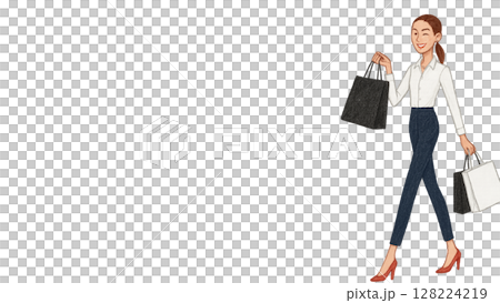 一位時尚女性在大減價購物後心情愉快 2（16：9 橫向橫幅） 128224219