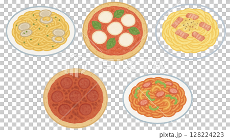 ピザやパスタなどイタリアンのイラストセット(クレヨン) 128224223