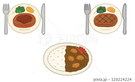 おいしそうなハンバーグ、ステーキ、カレーのイラストセット(クレヨン) 128224224