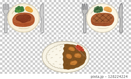 おいしそうなハンバーグ、ステーキ、カレーのイラストセット(クレヨン) 128224224