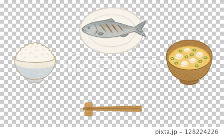 A dinner table with rice, miso soup, and grilled fish - Illustration set (crayon) 128224226