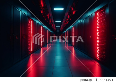 Server room is illuminated with red and blue lights in data center 128224394