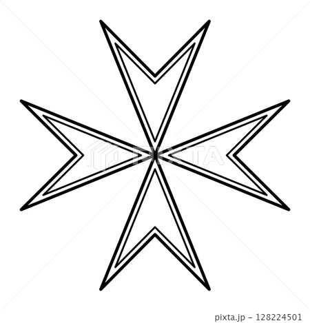 Maltese cross, 8-pointed heraldic cross symbol, consisting of 4 outwards pointing shapes, similar to arrowheads, arranged in right angles around a center point. Associated with the Knights of Malta. Maltese cross, 8-pointed heraldic cross symbol, consisting of 4 outwards pointing shapes, similar to arrowheads, arranged in right angles around a center point. Associated with the Knights of Malta. 128224501