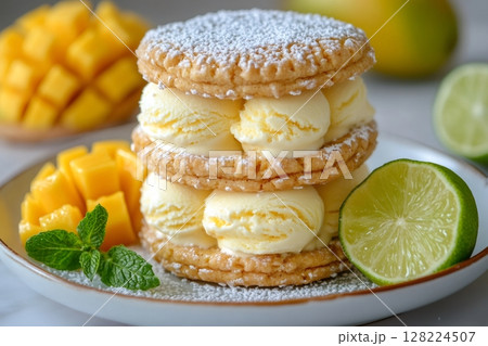 Ice cream sandwich resting on plate with mango pieces, lime, and mint 128224507