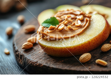 Sliced pear with peanut butter and peanuts topping on wooden cutting board 128224532