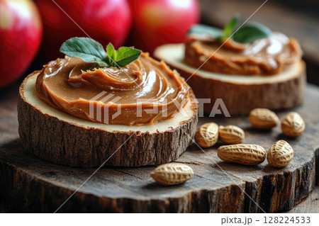 Peanut butter on wooden slices with mint and peanuts, accompanied by fresh apples 128224533