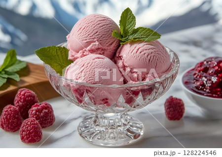 Raspberry ice cream scoops garnished with mint leaves in a crystal bowl with raspberry sauce and fresh raspberries on a marble table with mountain view 128224546