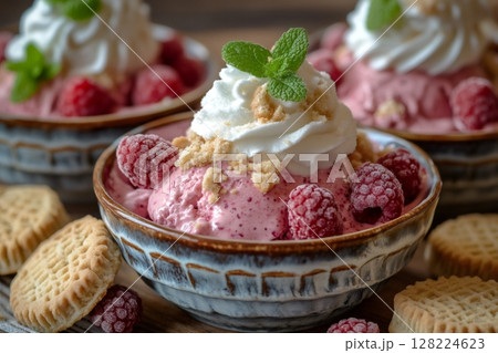Raspberry ice cream with whipped cream, crumble topping and mint leaf 128224623