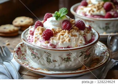 Raspberry dessert with whipped cream and cookie crumbs in a bowl 128224624