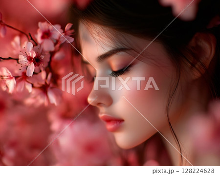 Beautiful young woman posing with cherry blossoms in spring 128224628