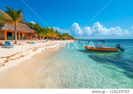 Tropical beach with turquoise water, motorboat and beach huts in the caribbean 128224787