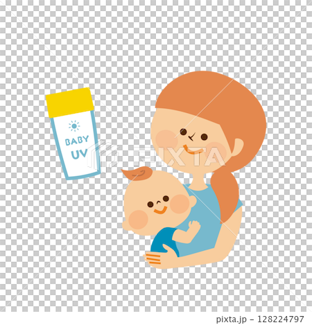 紫外線対策　赤ちゃんとお母さん　イラスト素材 128224797