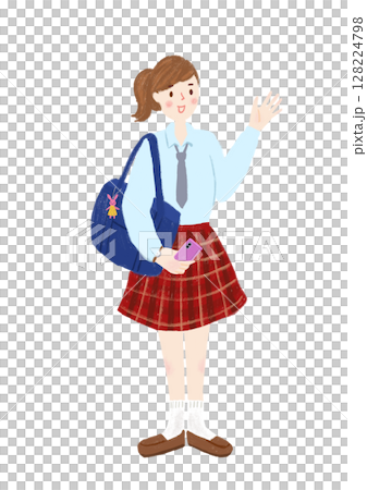 An illustration of a high school girl in uniform waving while holding a smartphone 128224798