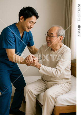 高齢男性がベッドから起き上がる介助をする介護職員 128224828