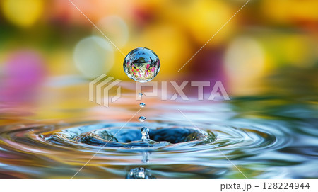 Water drop falling. Drop of water falling into a rippled surface of water 128224944