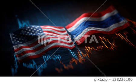 Two flags, American and Thai, are flapping together with financial graph overlay, symbolizing economic relations Two flags, American and Thai, are flapping together with financial graph overlay, symbolizing economic relations 128225190