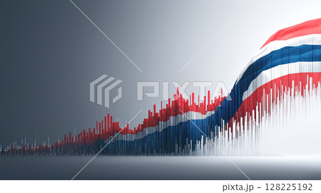 Stock bar chart with Thailand flag overlay on white background, representing economic growth theme in financial tech style 128225192