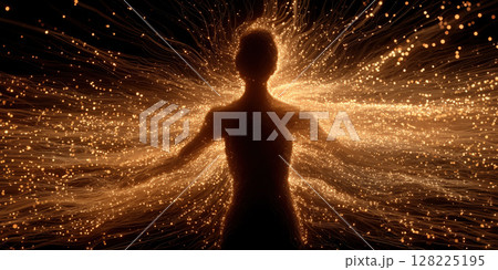Abstract glowing silhouette of human figure with radiant energy lines, golden light, dynamic, futuristic, emotional, digital art 128225195