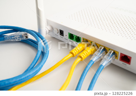 Ethernet cable with wireless router connect to internet service provider internet network. 128225226
