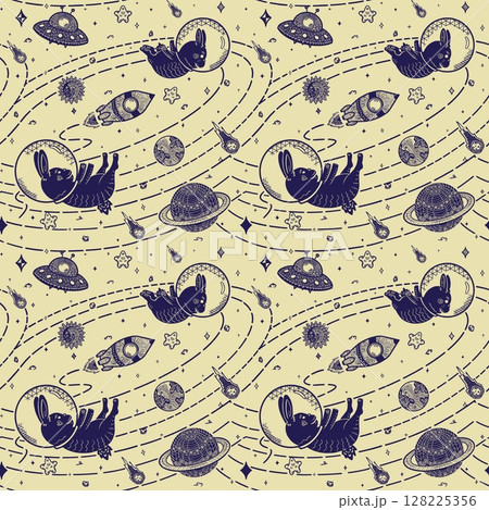 Cute Space Bunny Seamless Pattern, Navy Line Art on Cream Background Cute Space Bunny Seamless Pattern, Navy Line Art on Cream Background 128225356
