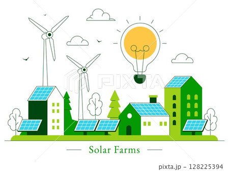Solar Farms Vector Illustration Featuring Energy Storage Systems with Wind Power Turbines, Solar Panels, and Green Alternative Energy in a Background Solar Farms Vector Illustration Featuring Energy Storage Systems with Wind Power Turbines, Solar Panels, and Green Alternative Energy in a Background 128225394