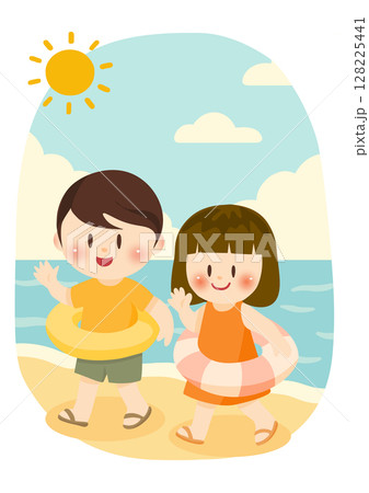 波打ち際を歩く兄妹の夏休み 波打ち際を歩く兄妹の夏休み 128225441