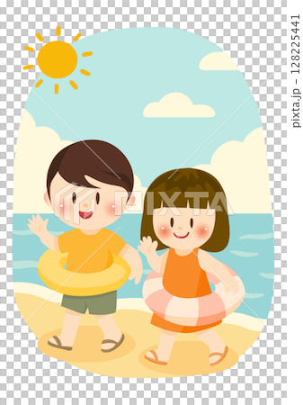 波打ち際を歩く兄妹の夏休み 波打ち際を歩く兄妹の夏休み 128225441