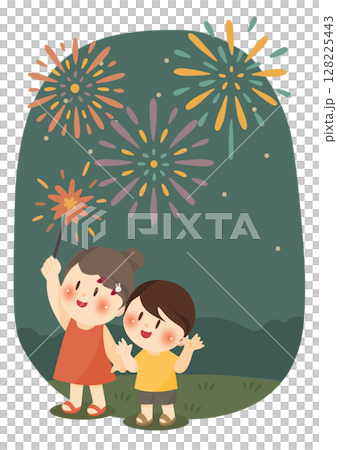 夏の夜を楽しむ子どもたち、Summer Fireworks Fun for Kids 128225443