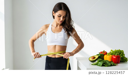 A healthy woman holding a measuring tape around her waist. The concept of fitness, body measurement, weight management, and a healthy lifestyle. Generative AI. A healthy woman holding a measuring tape around her waist. The concept of fitness, body measurement, weight management, and a healthy lifestyle. Generative AI. 128225457