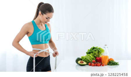 A healthy woman holding a measuring tape around her waist. The concept of fitness, body measurement, weight management, and a healthy lifestyle. Generative AI. 128225458