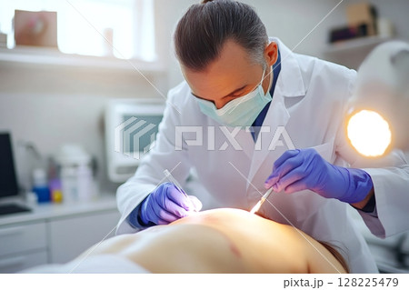 Surgeon performing a skin surgery with surgical instruments 128225479