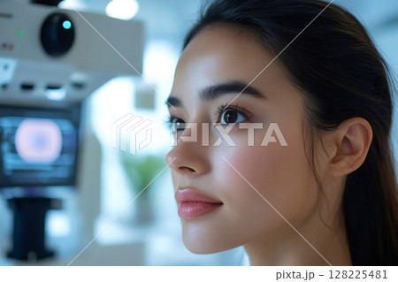 Young woman undergoing eye examination with modern equipment in clinic 128225481