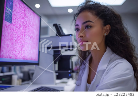 Scientist analyzing microscopic images on computer screen in laboratory 128225482